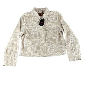Levis Premium Cropped Trucker Jacket Tan White Marble Swirl Print Womens Medium